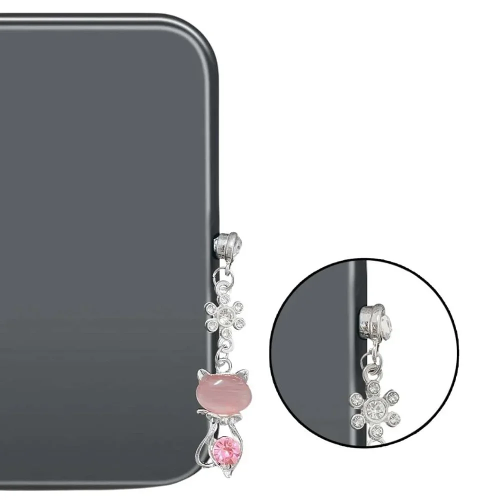 Cell Phone Dust Plug Charm 3.5 mm Plug Crystal Flower Pink Stone Cat